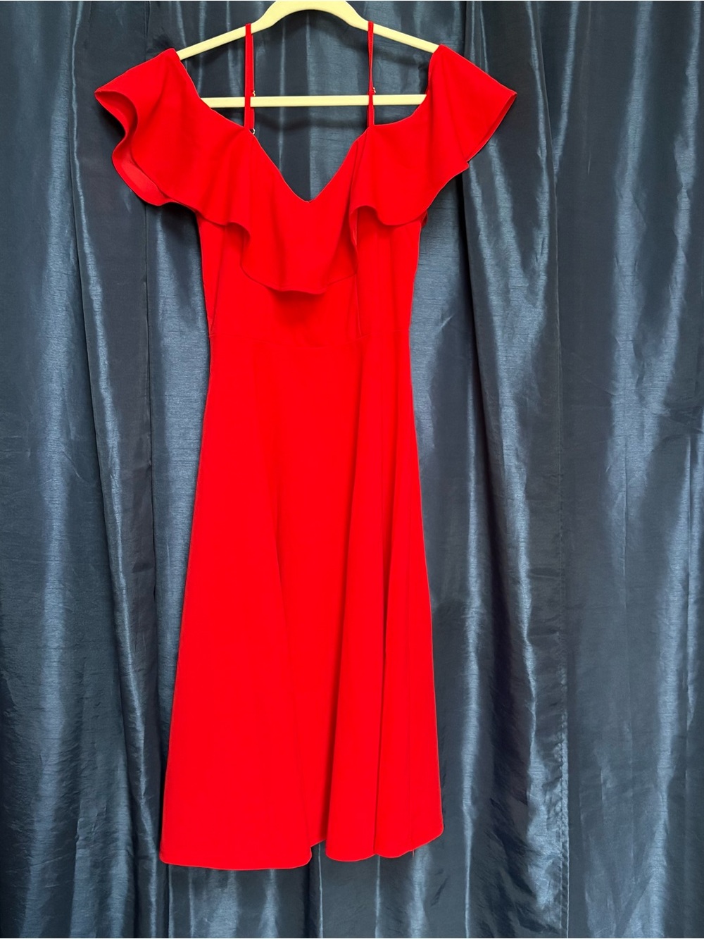 Women's Red Off-Shoulder Ruffle Midi Dress with Spaghetti Straps